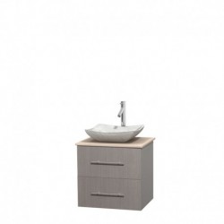24 inch Single Bathroom Vanity in Gray Oak, Ivory Marble Countertop, Avalon White Carrera Marble Sink, and No Mirror