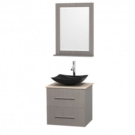 24 inch Single Bathroom Vanity in Gray Oak, Ivory Marble Countertop, Arista Black Granite Sink, and 24 inch Mirror