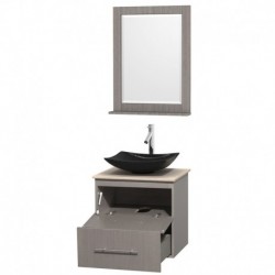 24 inch Single Bathroom Vanity in Gray Oak, Ivory Marble Countertop, Arista Black Granite Sink, and 24 inch Mirror