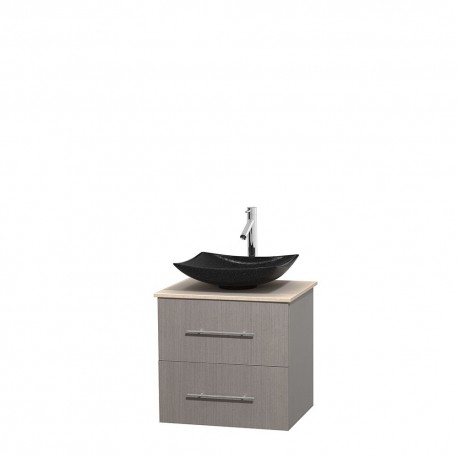 24 inch Single Bathroom Vanity in Gray Oak, Ivory Marble Countertop, Arista Black Granite Sink, and No Mirror