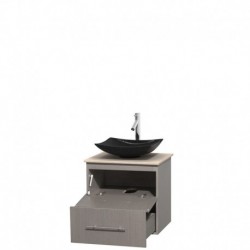 24 inch Single Bathroom Vanity in Gray Oak, Ivory Marble Countertop, Arista Black Granite Sink, and No Mirror