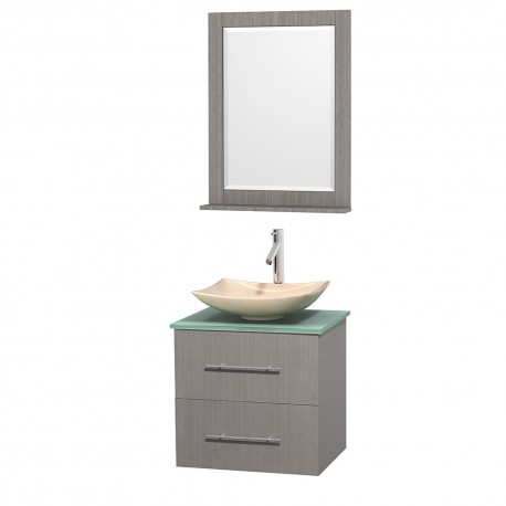 24 inch Single Bathroom Vanity in Gray Oak, Ivory Marble Countertop, Arista Ivory Marble Sink, and 24 inch Mirror