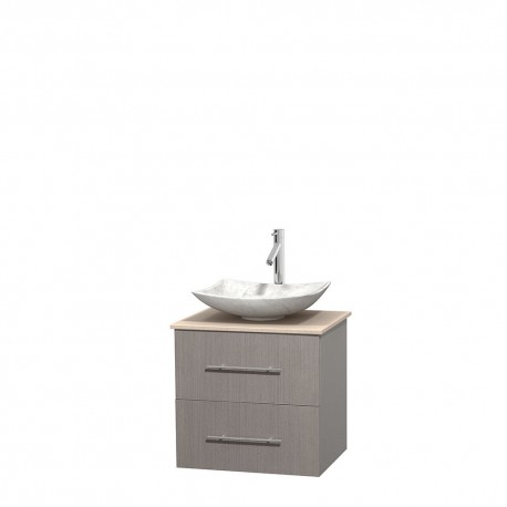 24 inch Single Bathroom Vanity in Gray Oak, Ivory Marble Countertop, Arista White Carrera Marble Sink, and No Mirror