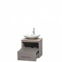 24 inch Single Bathroom Vanity in Gray Oak, Ivory Marble Countertop, Arista White Carrera Marble Sink, and No Mirror