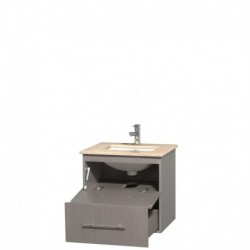 24 inch Single Bathroom Vanity in Gray Oak, Ivory Marble Countertop, Undermount Square Sink, and No Mirror