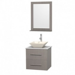 24 inch Single Bathroom Vanity in Gray Oak, White Man-Made Stone Countertop, Pyra Bone Porcelain Sink, and 24 inch Mirror