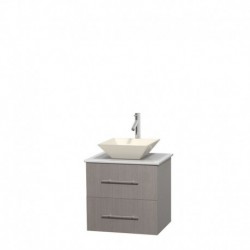 24 inch Single Bathroom Vanity in Gray Oak, White Man-Made Stone Countertop, Pyra Bone Porcelain Sink, and No Mirror