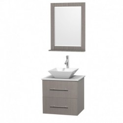24 inch Single Bathroom Vanity in Gray Oak, White Man-Made Stone Countertop, Pyra White Porcelain Sink, and 24 inch Mirror