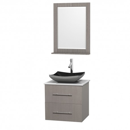 24 inch Single Bathroom Vanity in Gray Oak, White Man-Made Stone Countertop, Altair Black Granite Sink, and 24 inch Mirror