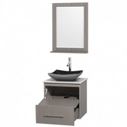 24 inch Single Bathroom Vanity in Gray Oak, White Man-Made Stone Countertop, Altair Black Granite Sink, and 24 inch Mirror