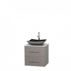 24 inch Single Bathroom Vanity in Gray Oak, White Man-Made Stone Countertop, Altair Black Granite Sink, and No Mirror