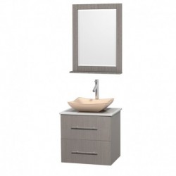 24 inch Single Bathroom Vanity in Gray Oak, White Man-Made Stone Countertop, Avalon Ivory Marble Sink, and 24 inch Mirror