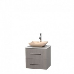 24 inch Single Bathroom Vanity in Gray Oak, White Man-Made Stone Countertop, Avalon Ivory Marble Sink, and No Mirror