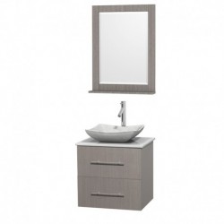 24 inch Single Bathroom Vanity in Gray Oak, White Man-Made Stone Countertop, Avalon White Carrera Marble Sink, and 24 inch Mirr