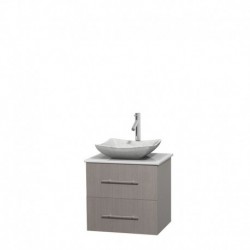 24 inch Single Bathroom Vanity in Gray Oak, White Man-Made Stone Countertop, Avalon White Carrera Marble Sink, and No Mirror