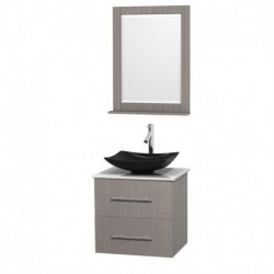 24 inch Single Bathroom Vanity in Gray Oak, White Man-Made Stone Countertop, Arista Black Granite Sink, and 24 inch Mirror