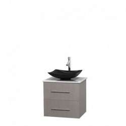 24 inch Single Bathroom Vanity in Gray Oak, White Man-Made Stone Countertop, Arista Black Granite Sink, and No Mirror