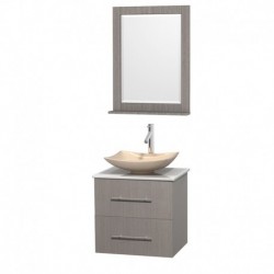 24 inch Single Bathroom Vanity in Gray Oak, White Man-Made Stone Countertop, Arista Ivory Marble Sink, and 24 inch Mirror