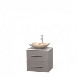 24 inch Single Bathroom Vanity in Gray Oak, White Man-Made Stone Countertop, Arista Ivory Marble Sink, and No Mirror