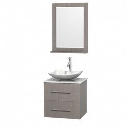 24 inch Single Bathroom Vanity in Gray Oak, White Man-Made Stone Countertop, Arista White Carrera Marble Sink, and 24 inch Mirr