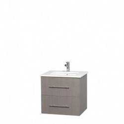 24 inch Single Bathroom Vanity in Gray Oak, White Man-Made Stone Countertop, Undermount Square Sink, and No Mirror