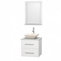24 inch Single Bathroom Vanity in Matte White, White Carrera Marble Countertop, Pyra Bone Porcelain Sink, and 24 inch Mirror