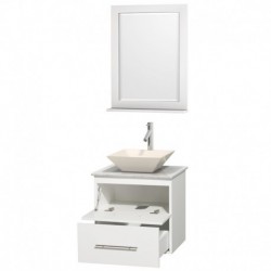 24 inch Single Bathroom Vanity in Matte White, White Carrera Marble Countertop, Pyra Bone Porcelain Sink, and 24 inch Mirror