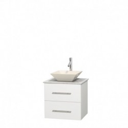 24 inch Single Bathroom Vanity in Matte White, White Carrera Marble Countertop, Pyra Bone Porcelain Sink, and No Mirror