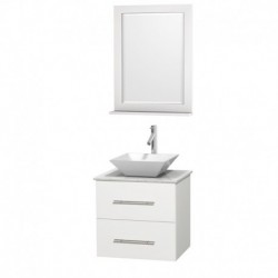 24 inch Single Bathroom Vanity in Matte White, White Carrera Marble Countertop, Pyra White Porcelain Sink, and 24 inch Mirror