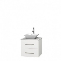 24 inch Single Bathroom Vanity in Matte White, White Carrera Marble Countertop, Pyra White Porcelain Sink, and No Mirror
