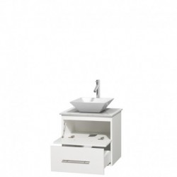 24 inch Single Bathroom Vanity in Matte White, White Carrera Marble Countertop, Pyra White Porcelain Sink, and No Mirror