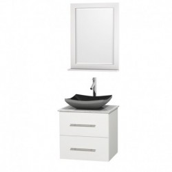 24 inch Single Bathroom Vanity in Matte White, White Carrera Marble Countertop, Altair Black Granite Sink, and 24 inch Mirror