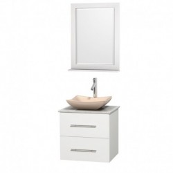 24 inch Single Bathroom Vanity in Matte White, White Carrera Marble Countertop, Avalon Ivory Marble Sink, and 24 inch Mirror