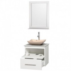 24 inch Single Bathroom Vanity in Matte White, White Carrera Marble Countertop, Avalon Ivory Marble Sink, and 24 inch Mirror
