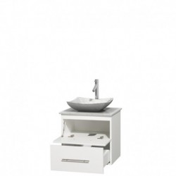 24 inch Single Bathroom Vanity in Matte White, White Carrera Marble Countertop, Avalon White Carrera Marble Sink, and No Mirror