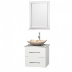 24 inch Single Bathroom Vanity in Matte White, White Carrera Marble Countertop, Arista Ivory Marble Sink, and 24 inch Mirror