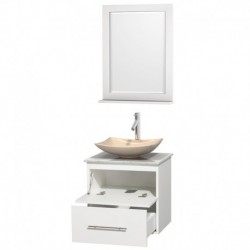 24 inch Single Bathroom Vanity in Matte White, White Carrera Marble Countertop, Arista Ivory Marble Sink, and 24 inch Mirror