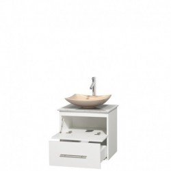 24 inch Single Bathroom Vanity in Matte White, White Carrera Marble Countertop, Arista Ivory Marble Sink, and No Mirror