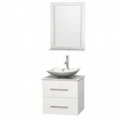 24 inch Single Bathroom Vanity in Matte White, White Carrera Marble Countertop, Arista White Carrera Marble Sink, and 24 inch M