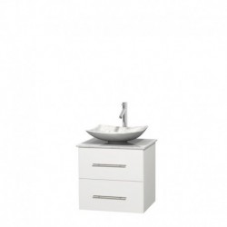 24 inch Single Bathroom Vanity in Matte White, White Carrera Marble Countertop, Arista White Carrera Marble Sink, and No Mirror
