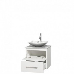 24 inch Single Bathroom Vanity in Matte White, White Carrera Marble Countertop, Arista White Carrera Marble Sink, and No Mirror