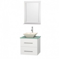 24 inch Single Bathroom Vanity in Matte White, Green Glass Countertop, Pyra Bone Porcelain Sink, and 24 inch Mirror