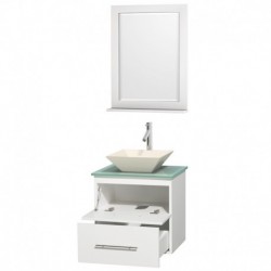 24 inch Single Bathroom Vanity in Matte White, Green Glass Countertop, Pyra Bone Porcelain Sink, and 24 inch Mirror