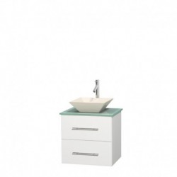 24 inch Single Bathroom Vanity in Matte White, Green Glass Countertop, Pyra Bone Porcelain Sink, and No Mirror