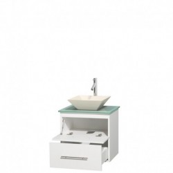 24 inch Single Bathroom Vanity in Matte White, Green Glass Countertop, Pyra Bone Porcelain Sink, and No Mirror