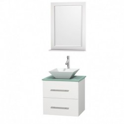 24 inch Single Bathroom Vanity in Matte White, Green Glass Countertop, Pyra White Porcelain Sink, and 24 inch Mirror