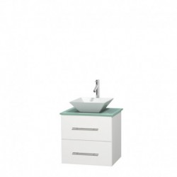 24 inch Single Bathroom Vanity in Matte White, Green Glass Countertop, Pyra White Porcelain Sink, and No Mirror