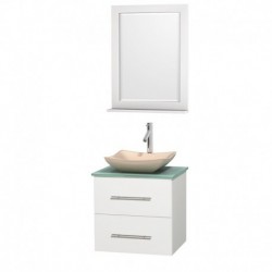 24 inch Single Bathroom Vanity in Matte White, Green Glass Countertop, Avalon Ivory Marble Sink, and 24 inch Mirror