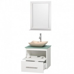 24 inch Single Bathroom Vanity in Matte White, Green Glass Countertop, Avalon Ivory Marble Sink, and 24 inch Mirror
