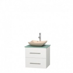 24 inch Single Bathroom Vanity in Matte White, Green Glass Countertop, Avalon Ivory Marble Sink, and No Mirror